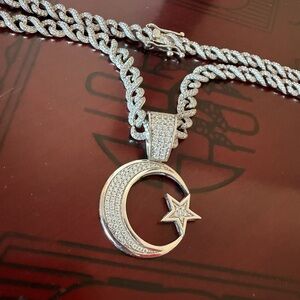 Silver Crescent Moon and Star Pendant Necklace
